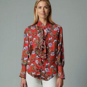Catherine Prevost Sill Floral Tropical Mockneck Button Down With Ruffle Collar